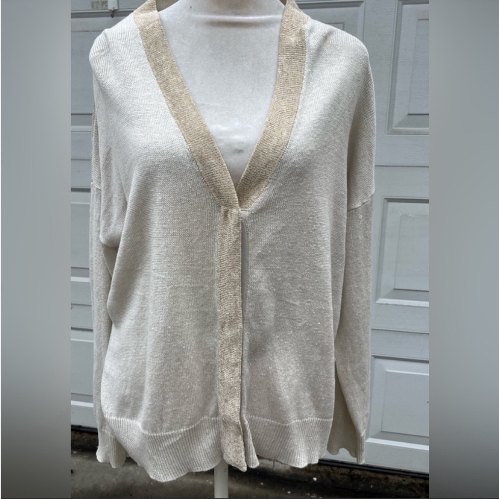 Eileen Fisher organic linen sweater cardigan snap button beige M